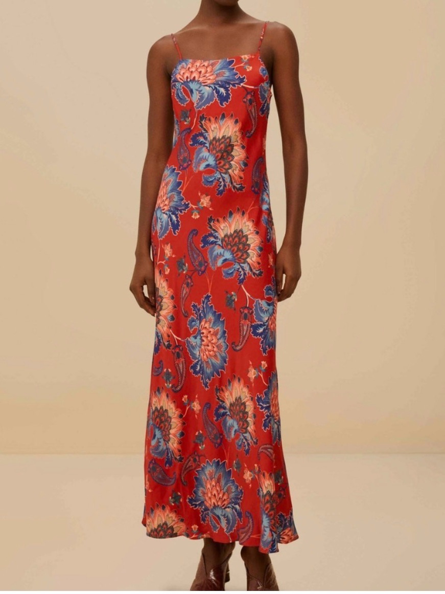 Nwt Farm Rio Luang Red Maxi Floral Slip Dress With Blue Accents